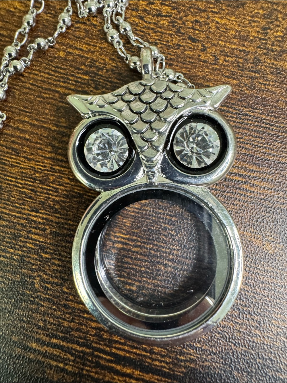 Silver Tone Glass Owl Locket Pendant Necklace